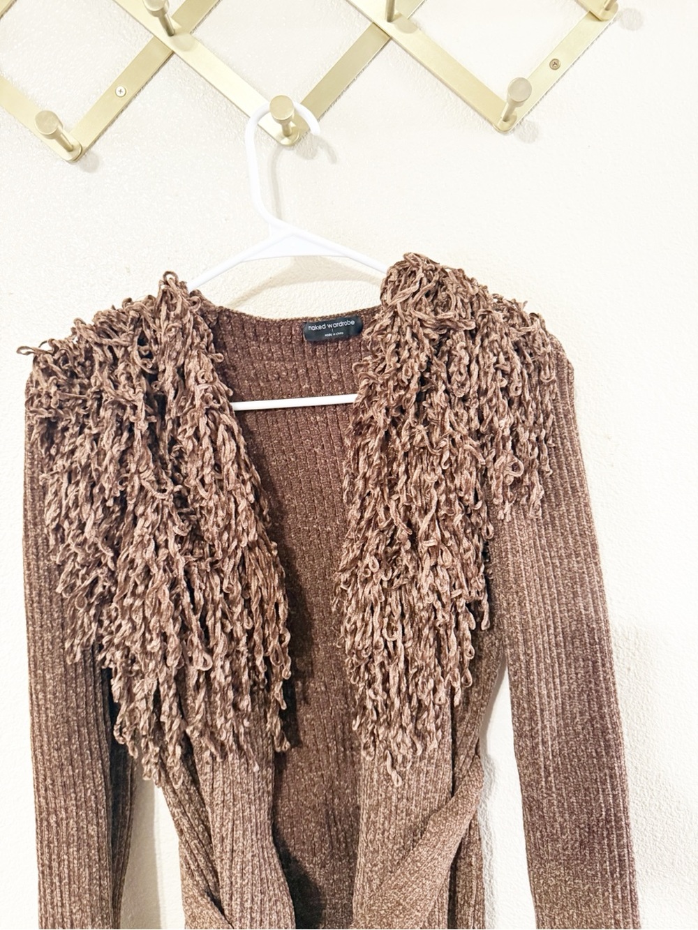 Naked Wardrobe Knit Fringe V-Neck Cardigan Brown Chenille Wrap Size Large - Picture 11 of 13